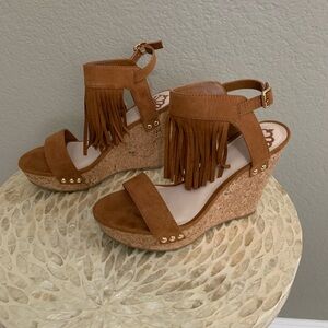 Fergalicious Brown Fringe Wedge Bohemian Sandals